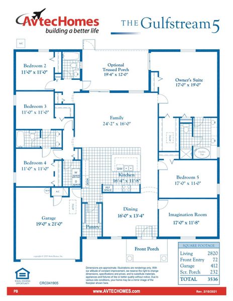 2D floor plan layout for the Gulfstream 5 by Avtec Homes in Palm Bay & South Brevard, Palm Bay, FL (Image 2).
