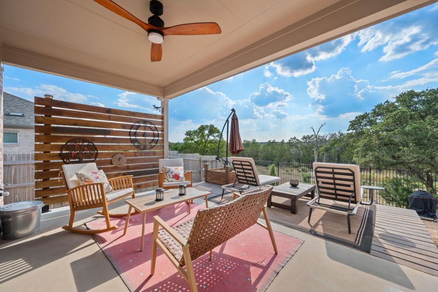 View of patio / terrace with an outdoor hangout area and ceiling fan View of patio / terrace with an outdoor hangout area and ceiling fan