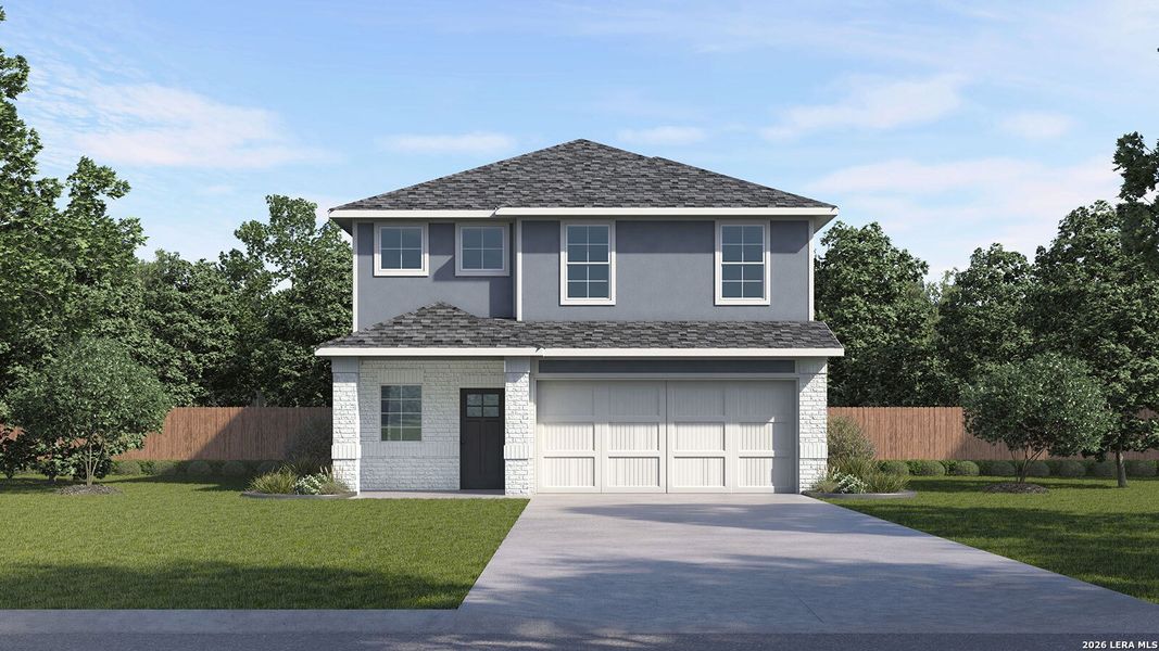 Front exterior of a new home in Mayfair, New Braunfels, TX, highlighting curb appeal (Image 1). Front exterior of a new home in Mayfair, New Braunfels, TX, highlighting curb appeal (Image 1).