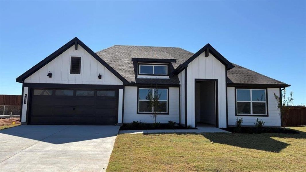 Front Elevation - D.R. Horton's Griffin Floorplan Elevation F - All Home and community information, including pricing, included features, terms, availability and amenities, are subject to change at any time without notice or obligation. All Drawings, pictures, photographs, video, square footages, floor plans, elevations, features, colors and sizes are approximate for illustration purposes only and will vary from the homes as built.