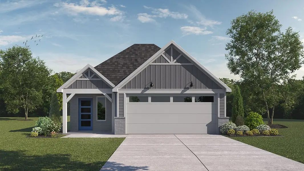 Front exterior of a new home in Midtown Reserve, College Station, TX, highlighting curb appeal (Image 1). Front exterior of a new home in Midtown Reserve, College Station, TX, highlighting curb appeal (Image 1).