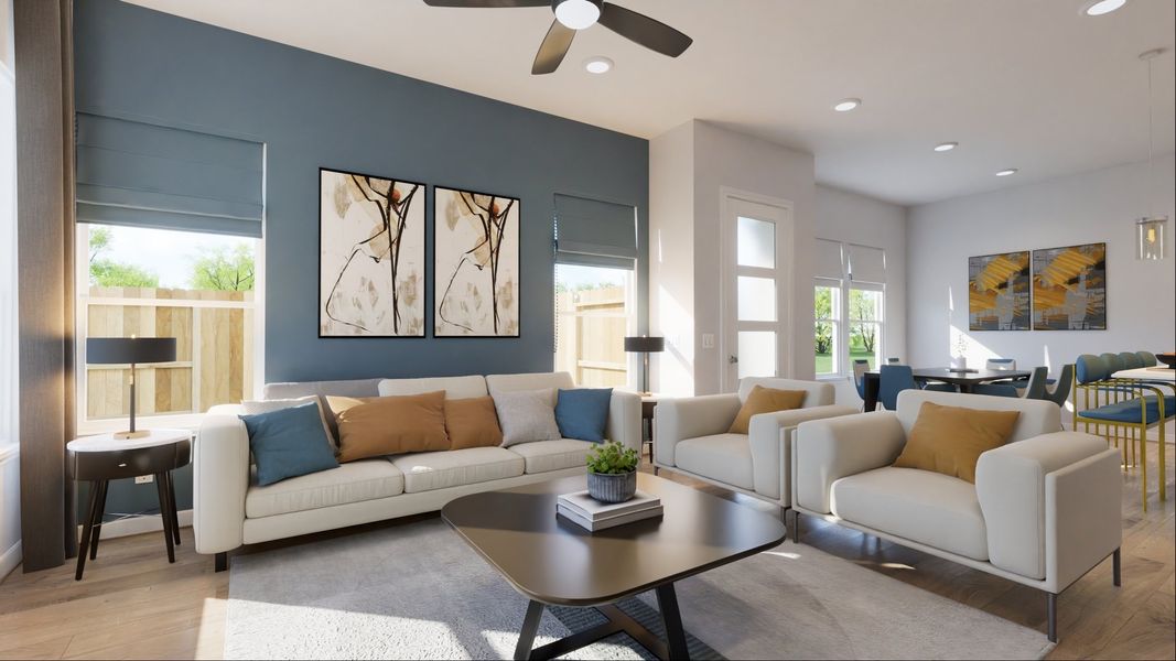 Furnished interior view inside a new home in The Duets Collection at Novel, Austin (Image 4). Furnished interior view inside a new home in The Duets Collection at Novel, Austin (Image 4).