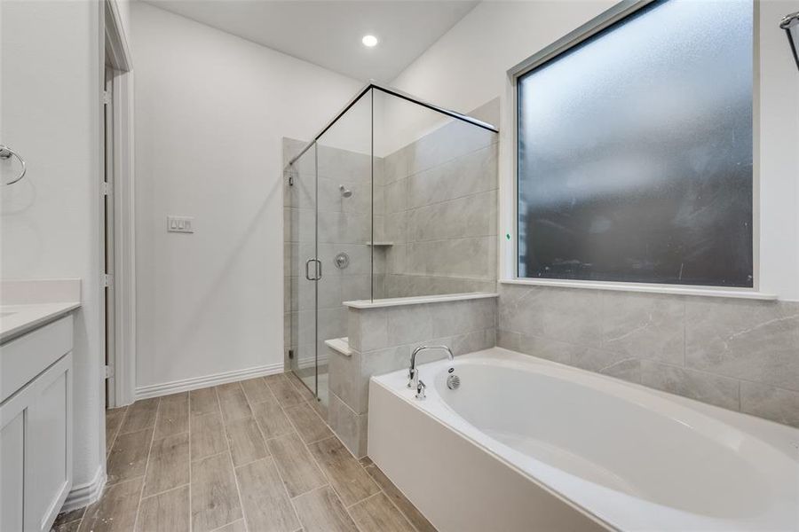 Bathroom featuring shower with separate bathtub and vanity