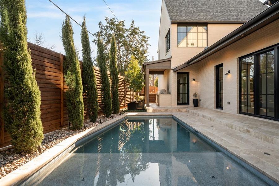View of pool with a fenced backyard and patio surround