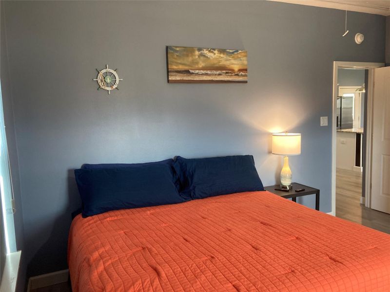 King bed in the guest bedroom with generouse close space