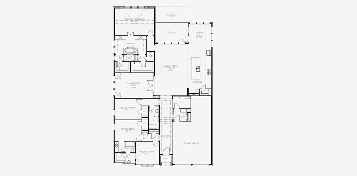 2D floor plan layout for the 2916W by Perry Homes in Lakes of Cane Island, Katy, TX (Image 4).