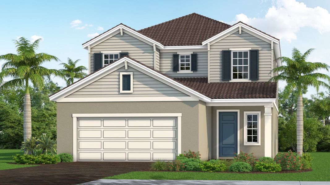 Front exterior of a new home in Windward, Lakewood Ranch, FL, highlighting curb appeal (Image 2). Front exterior of a new home in Windward, Lakewood Ranch, FL, highlighting curb appeal (Image 2).
