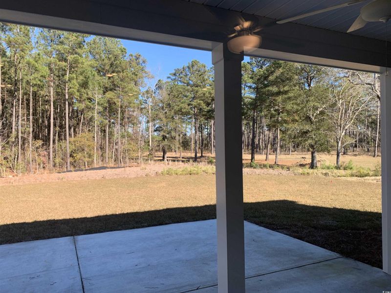 View of green lawn featuring ceiling fan and a patio area