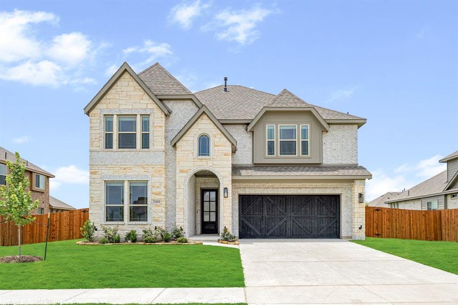 Front exterior of a new home in Homestead at Daniel Farms Phase 2, DeSoto, TX, highlighting curb appeal (Image 1). Front exterior of a new home in Homestead at Daniel Farms Phase 2, DeSoto, TX, highlighting curb appeal (Image 1).