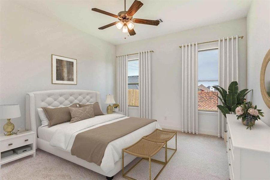 Bedroom with light colored carpet and ceiling fan Bedroom with light colored carpet and ceiling fan