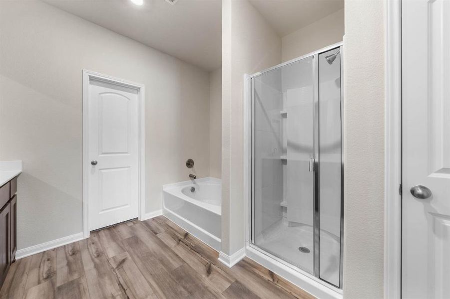 Bathroom with hardwood / wood-style flooring, independent shower and bath, and vanity