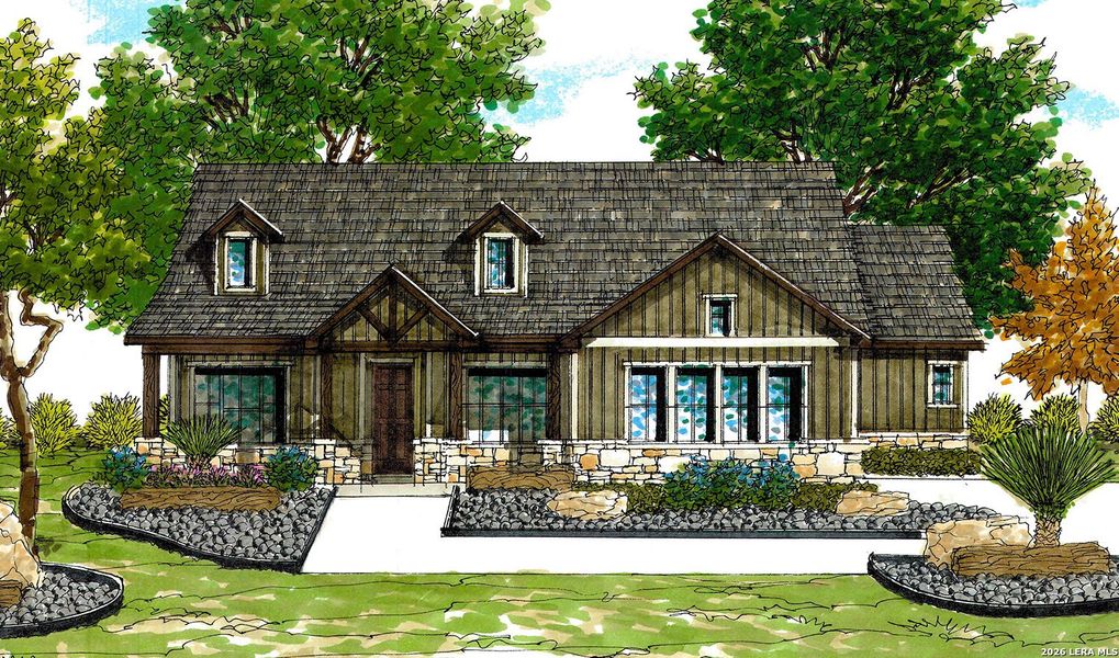 Exterior rendering of this home design in Pradera Ridge, Floresville, TX (Image 1). Exterior rendering of this home design in Pradera Ridge, Floresville, TX (Image 1).