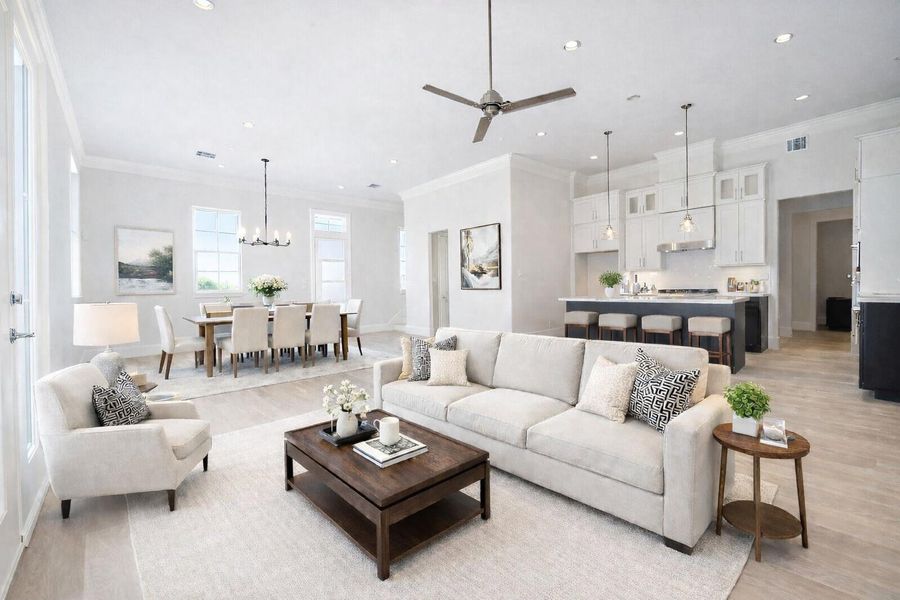 Twelve foot ceilings and tons of natural light in this first floor living and dining space.  Virtual staging added.