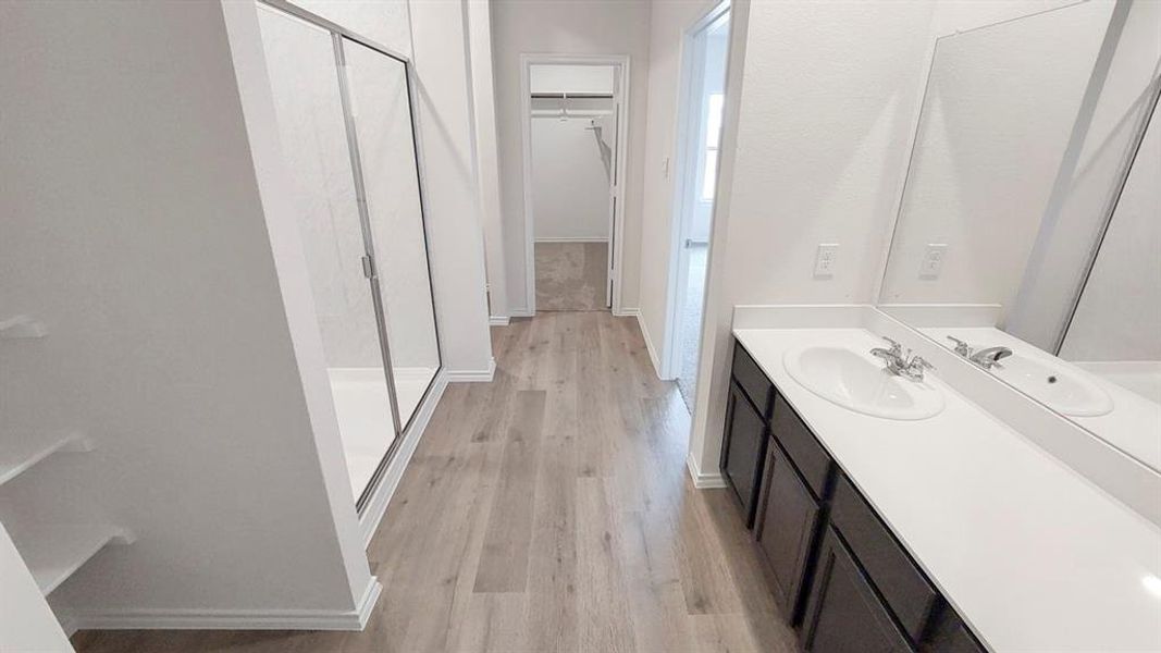 Full bath with a walk in closet, light wood-type flooring, vanity, and a stall shower Full bath with a walk in closet, light wood-type flooring, vanity, and a stall shower