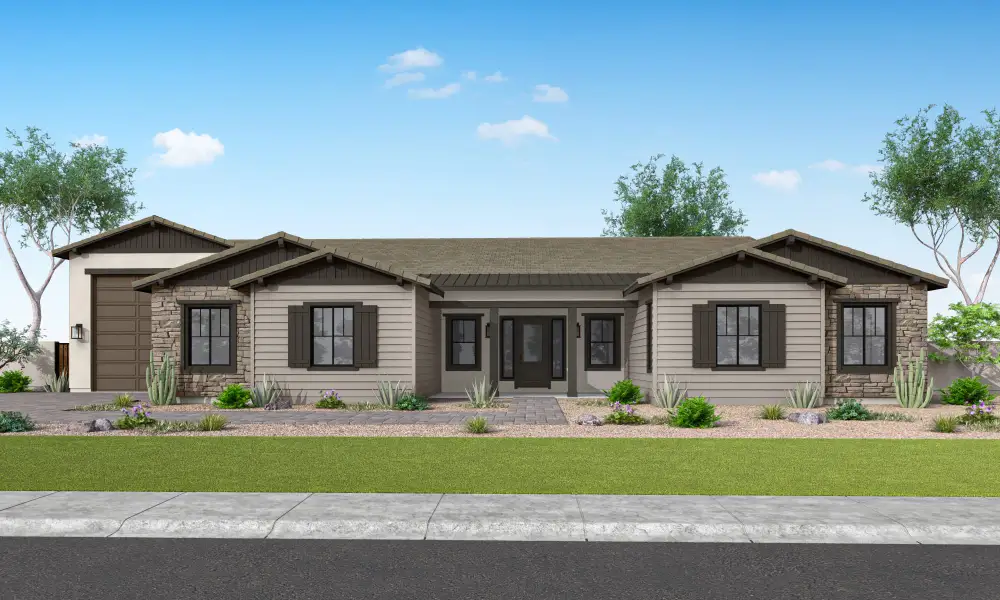 Front exterior of a new home in Emberly, Gilbert, AZ, highlighting curb appeal (Image 1). Front exterior of a new home in Emberly, Gilbert, AZ, highlighting curb appeal (Image 1).