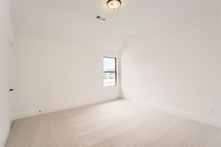 Spare room with light colored carpet and vaulted ceiling