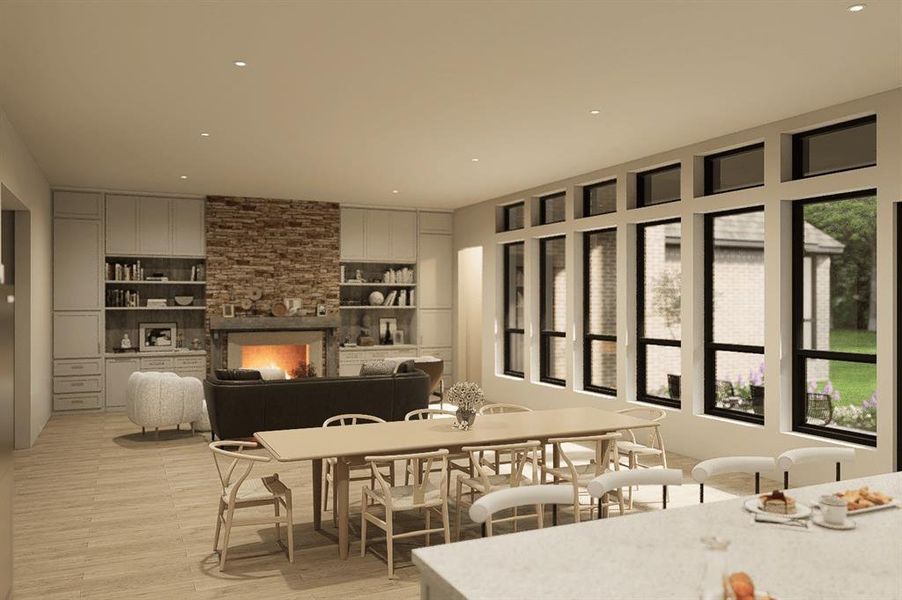 Architect's Rendering 
Dining area with recessed lighting, light wood-type flooring, and a fireplace