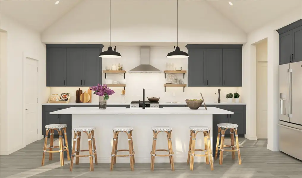 Stunning island kitchen with grey cabinets and quartz counters (*Artist rendering used for illustration purposes only.)