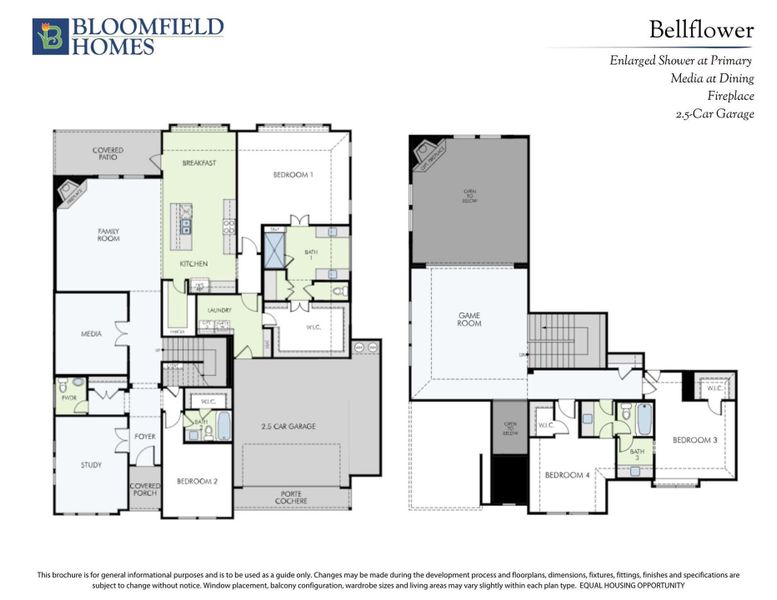 Bloomfield Homes Bellflower floor plan showing two-story layout with four bedrooms, game room, media room, and 2.5-car garage. Bloomfield Homes Bellflower floor plan showing two-story layout with four bedrooms, game room, media room, and 2.5-car garage.