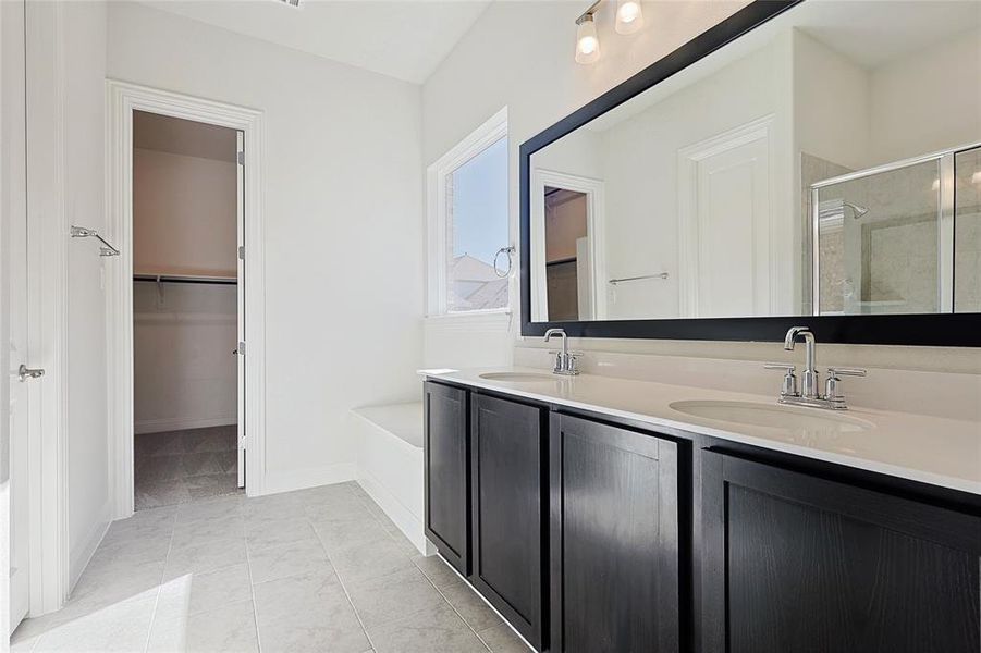 Bathroom with vanity and independent shower and bath