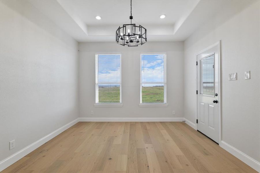 Unfurnished dining area with a wealth of natural light, a tray ceiling, light wood-style floors, and baseboards