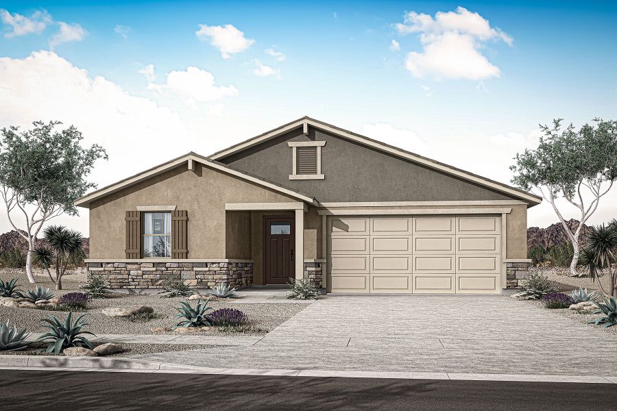 Representative exterior photo of a completed home built from the Aqua by Mattamy Homes in Tierra Vistoso, Surprise, AZ (Image 3). Representative exterior photo of a completed home built from the Aqua by Mattamy Homes in Tierra Vistoso, Surprise, AZ (Image 3).