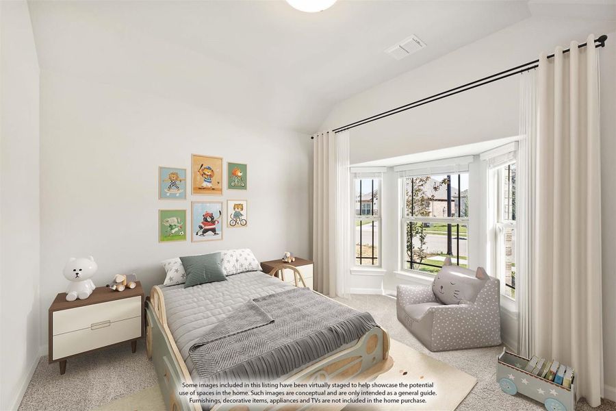 Children's bedroom with vaulted ceiling, bay window, carpet flooring, and colorful animal wall art above a wood-frame bed.