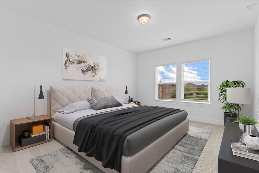 The serene primary suite offers a peaceful escape with soft carpet underfoot, and views of the private backyard. *Virtually Staged* **Image Representative of Plan Only and May Vary as Built**.