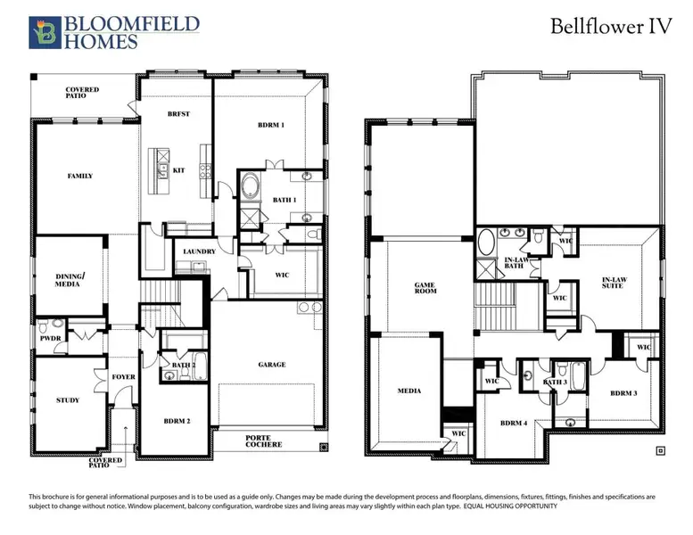 Bloomfield Homes Bellflower IV two-story floor plan with five bedrooms, game room, media room, and porte cochere. Bloomfield Homes Bellflower IV two-story floor plan with five bedrooms, game room, media room, and porte cochere.