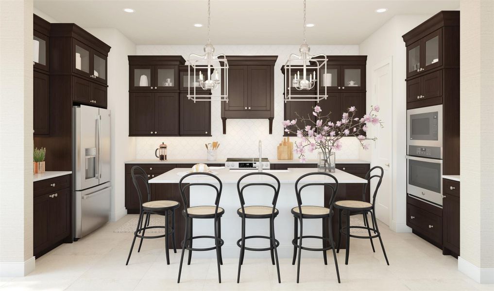 Gorgeous island kitchen with dark stain cabinets and quartz countertops (*Artist rendering used for illustration purposes only.) Gorgeous island kitchen with dark stain cabinets and quartz countertops (*Artist rendering used for illustration purposes only.)