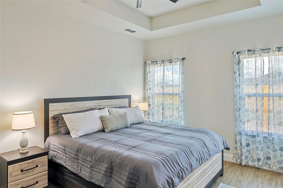 Room featuring a tray ceiling, recessed lighting, and two windows