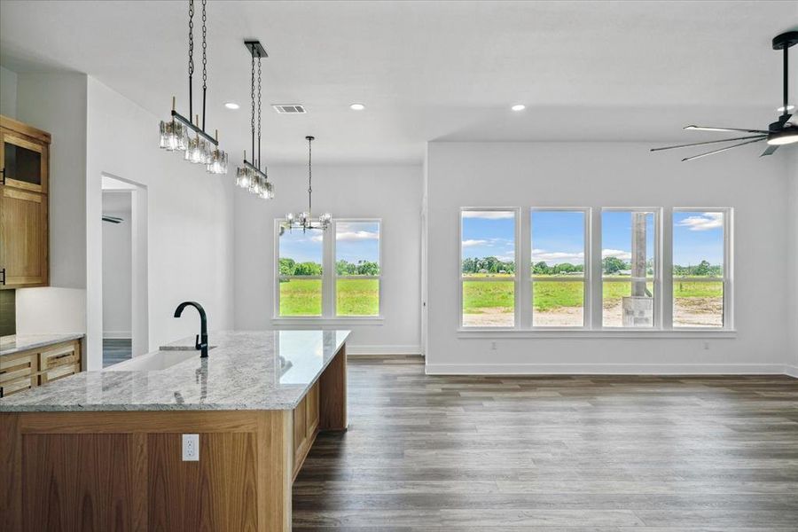 Kitchen featuring ceiling fan, plenty of natural light, recessed lighting, wood finished floors, and a center island with sink