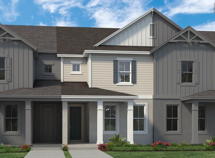 Representative exterior photo of a completed home built from the Whitney by Rockwell Homes in Harvest at Ovation - Townhomes, Winter Garden, FL (Image 20). Representative exterior photo of a completed home built from the Whitney by Rockwell Homes in Harvest at Ovation - Townhomes, Winter Garden, FL (Image 20).