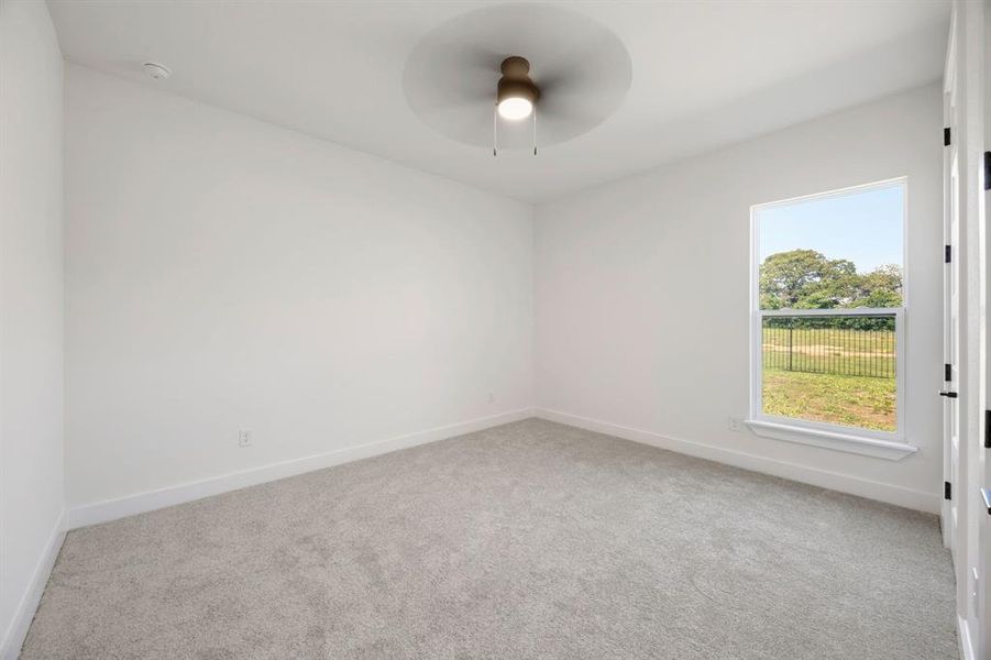 Carpeted room with a ceiling fan, a single window, and white trim Carpeted room with a ceiling fan, a single window, and white trim