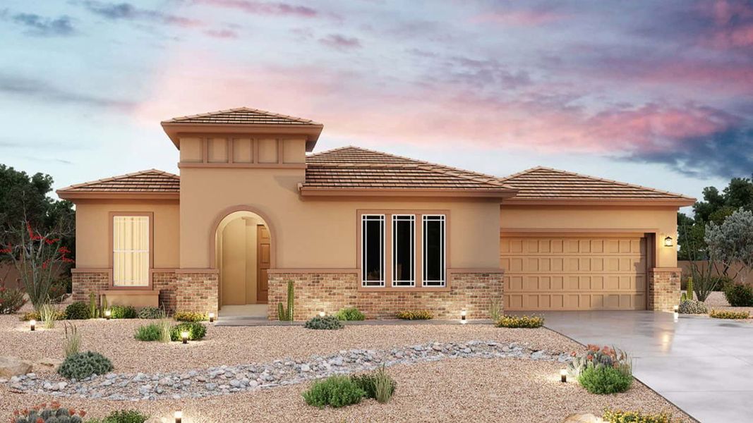 Representative exterior photo of a completed home built from the Almeria by Brightland Homes in Arroyo Seco - Palazzo, Buckeye, AZ (Image 4).