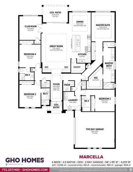 2D floor plan layout for the Marcella by GHO Homes in Tesoro Club, Port St. Lucie, FL (Image 3).