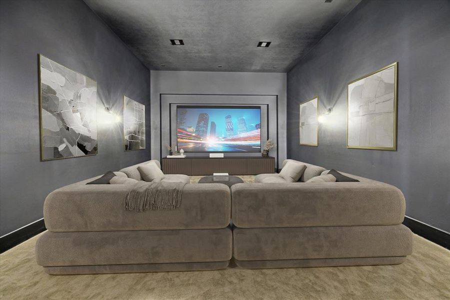 Virtually staged. The expansive movie room is crafted for maximum comfort, complete with cabinets to store snacks, making it an ideal space for enjoying time with family and friends.