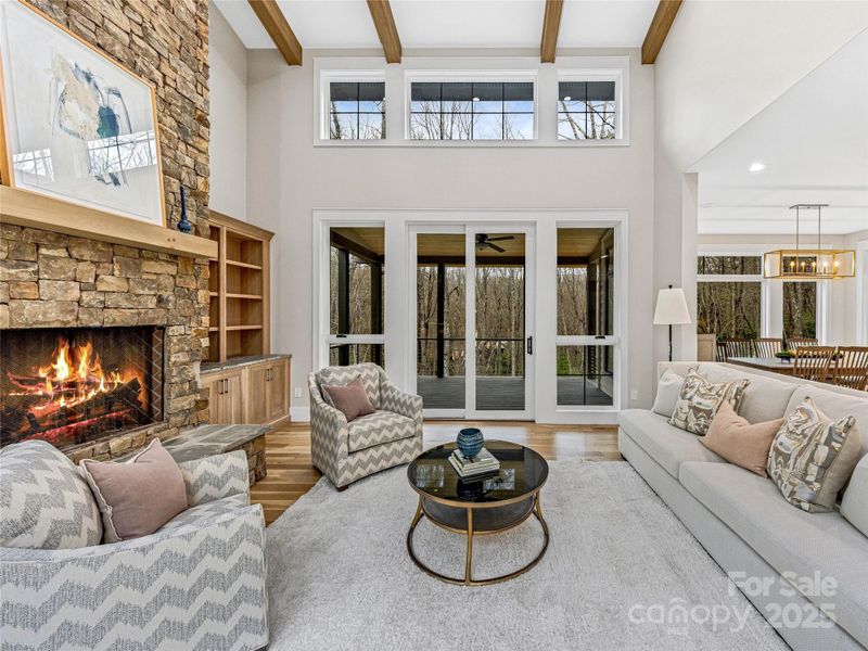 Main level living room with wood beams Main level living room with wood beams