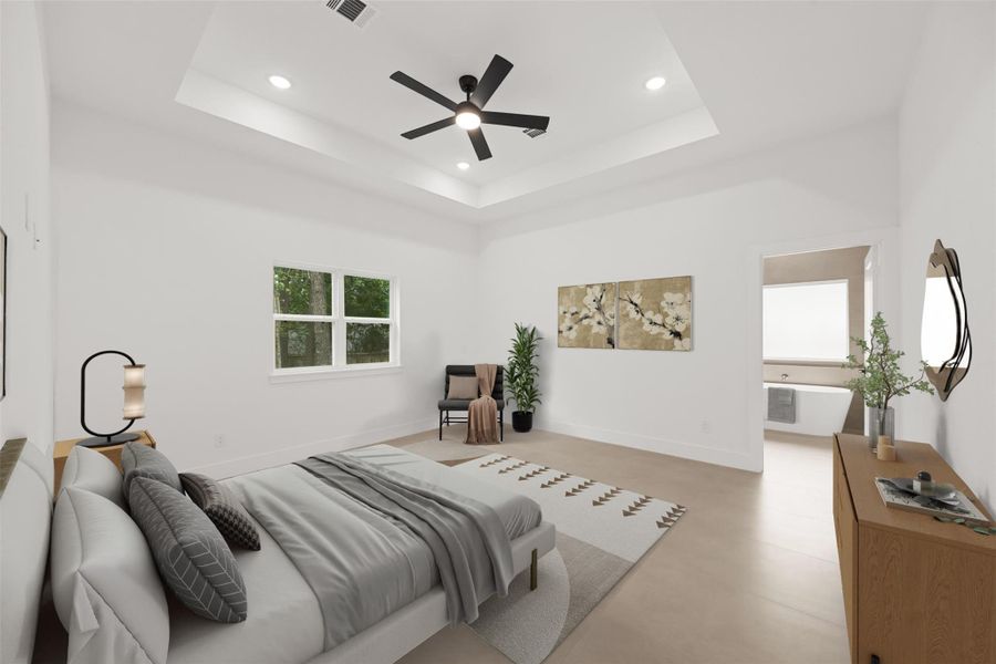 Virtually Staged primary bedroom with tray ceiling, recessed lighting, and private ensuite. Virtually Staged primary bedroom with tray ceiling, recessed lighting, and private ensuite.