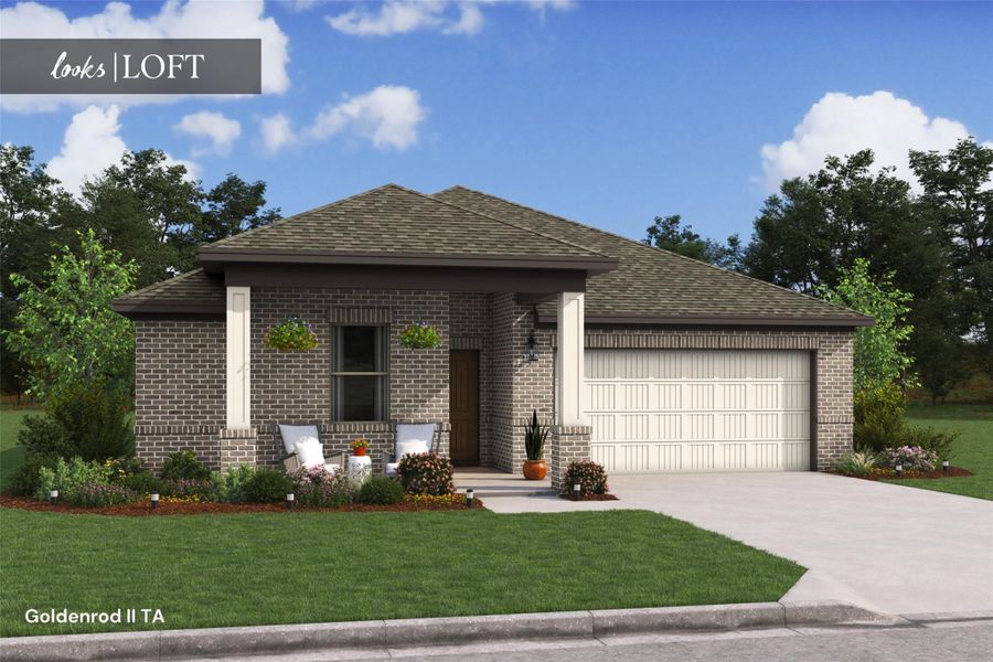 Charming Goldenrod II design by K. Hovnanian Homes in elevation TA built in Aspire at River Ranch Trails. (*Artist rendering used for illustration purposes only.)