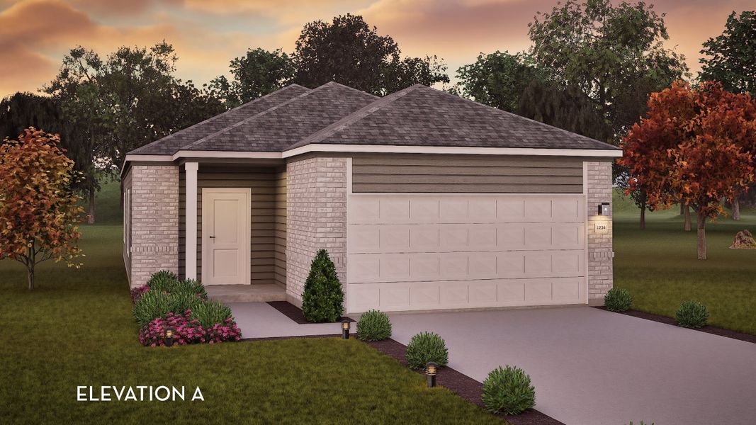 Representative exterior photo of a completed home built from the Pine by CastleRock Communities in Willow View, Converse, TX (Image 1). Representative exterior photo of a completed home built from the Pine by CastleRock Communities in Willow View, Converse, TX (Image 1).