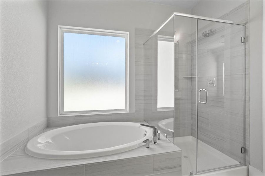 This additional view of the primary bath showcases the oversized walk-in shower with tile surround and the separate garden tub for soaking after a long day.