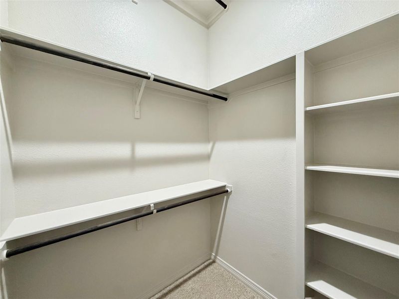 Spacious closet with light carpet