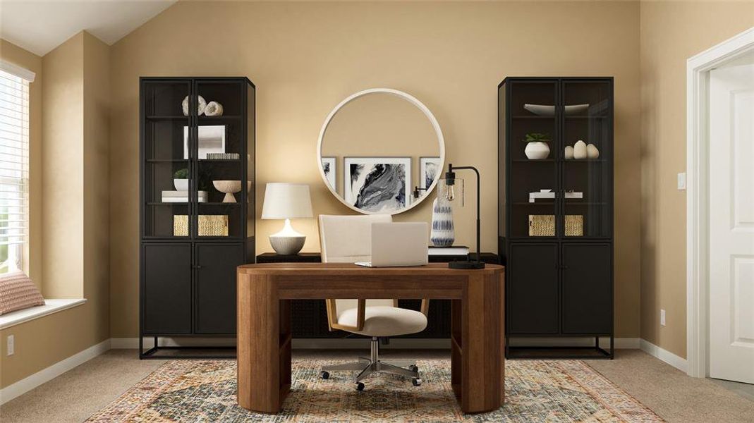 Home office featuring light colored carpet and vaulted ceiling Home office featuring light colored carpet and vaulted ceiling