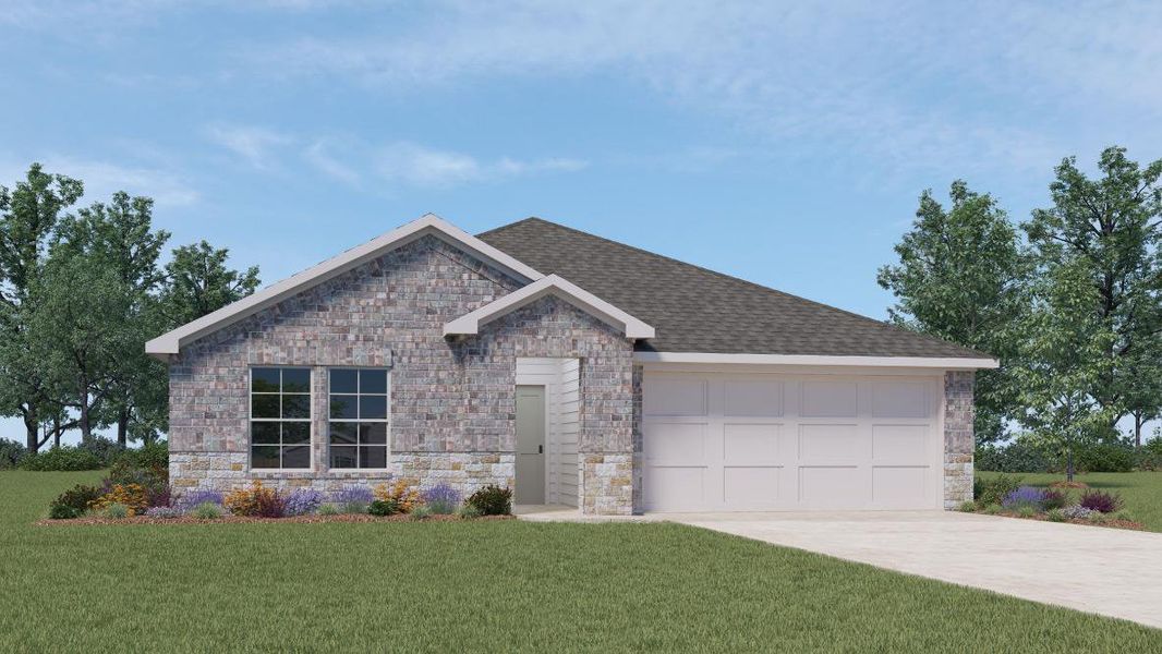 Front exterior of a new home in Carillon, Manor, TX, highlighting curb appeal (Image 1). Front exterior of a new home in Carillon, Manor, TX, highlighting curb appeal (Image 1).