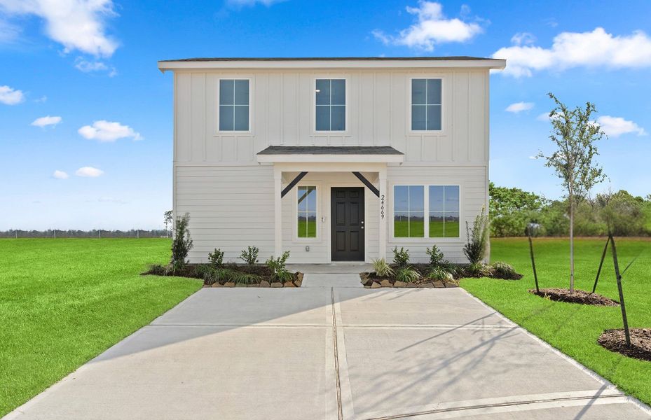 Front exterior of a new home in The Courtyards at Stokesbury, Waller, TX, highlighting curb appeal (Image 1).