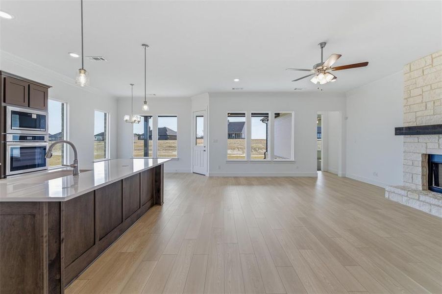 Kitchen with dark wood finish cabinetry, light wood-type flooring, open floor plan, a fireplace, and stainless steel appliances