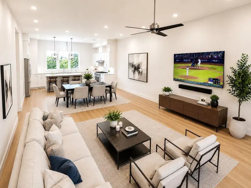 Soaring 12 FT Ceilings - Wide Plank Wood Flooring (picture was virtually staged including TV and Fridge in the background)