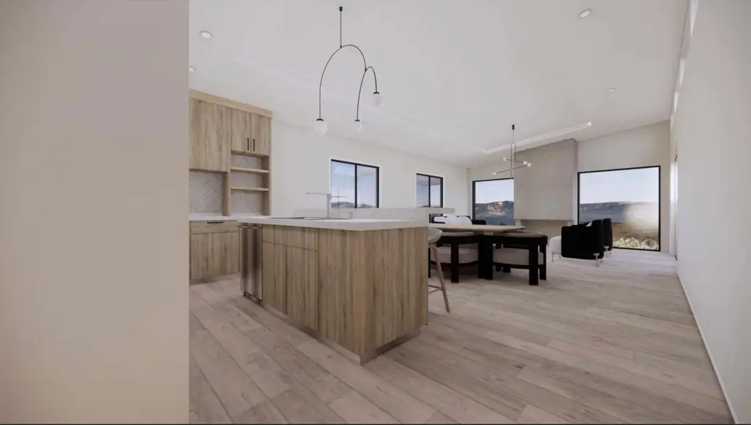 RENDERING - Kitchen featuring light countertops, light wood finished floors, backsplash, modern cabinets, and recessed lighting