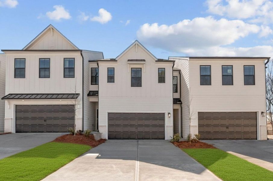 Front exterior of a new home in Sherwood Square, Flowery Branch, GA, highlighting curb appeal (Image 1). Front exterior of a new home in Sherwood Square, Flowery Branch, GA, highlighting curb appeal (Image 1).